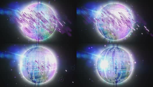紫色的灯光轨迹在紫色旋转迪斯科球上与黑色背景上的蓝色光点对比高清在线视频素材下载