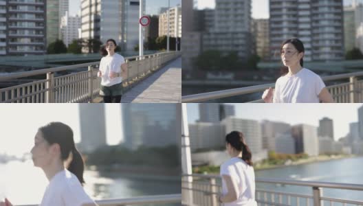 女人在城里慢跑，过桥高清在线视频素材下载