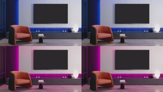 RGB灯蓝色到粉红色循环-电视房现代极简主义的内部配备8K电视高清在线视频素材下载