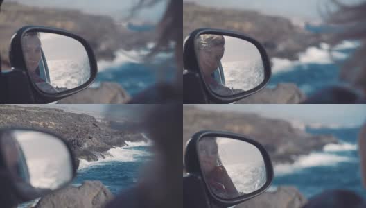 汽车镜中孤独女人的剪影高清在线视频素材下载