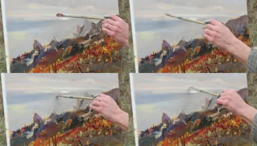 职业艺术家用油画颜料在画布上作画高清在线视频素材下载