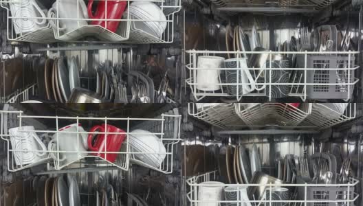 抬高镜头的洗碗机装满了陶器和餐具高清在线视频素材下载