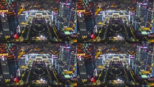 中国夜景时间照亮深圳著名展览中心航拍全景，4k时间间隔高清在线视频素材下载
