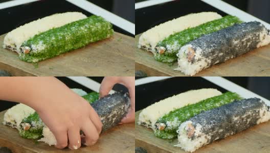 两卷寿司卷都添加了黑鲟鱼寿司卷caviarм高清在线视频素材下载