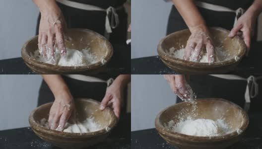 女人们用手在碗里筛面粉。高清在线视频素材下载