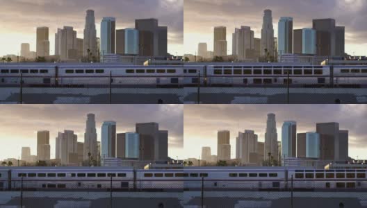 慢动作的乘客列车在洛杉矶市中心的城市天际线在夕阳下高清在线视频素材下载