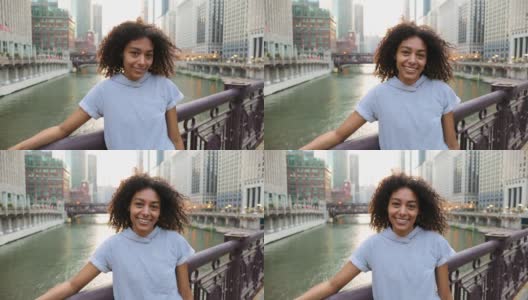 一个非裔美国妇女在芝加哥准备锻炼的肖像高清在线视频素材下载