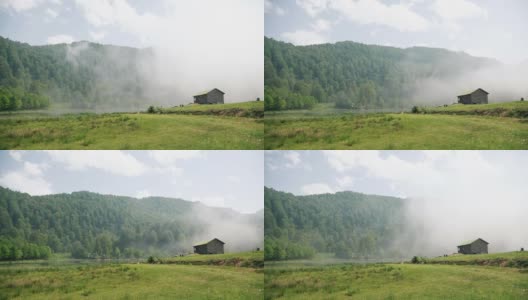 维夫湖孤独的小房子景观和森林时间间隔云和雾高清在线视频素材下载