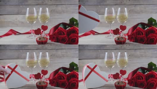 情人节美酒和玫瑰，心有背景。情人节的玫瑰花，4K高清在线视频素材下载