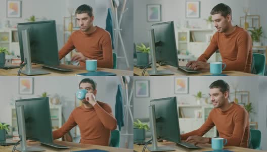 英俊自信的男人在家用个人电脑工作的肖像。在舒适明亮的客厅里，男人在浏览互联网。高清在线视频素材下载