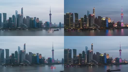 T/L PAN上海天际线从白天到夜晚高清在线视频素材下载