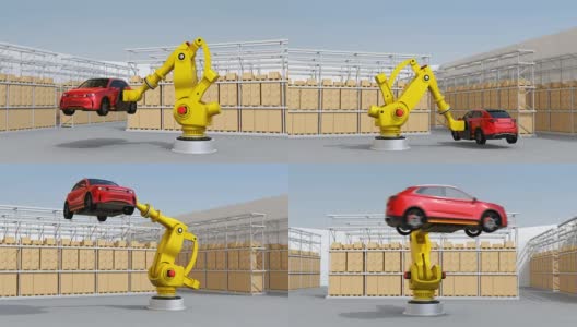 黄色重量级机器人手臂携带红色仓库背景SUV高清在线视频素材下载