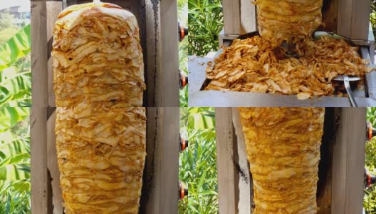 沙瓦玛机器旋转和烤鸡肉与香料下午在户外，土耳其高清在线视频素材下载