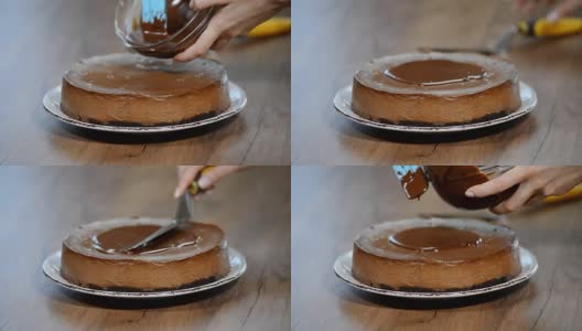 将巧克力甘纳许倒在巧克力芝士蛋糕上高清在线视频素材下载