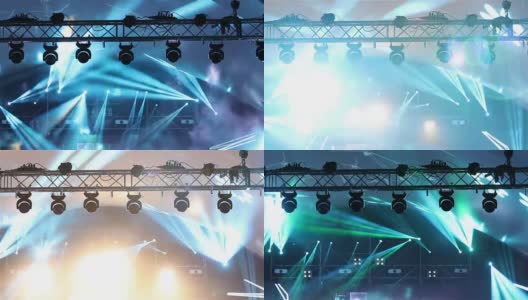有雾音乐会的舞台灯光，控制台上的舞台灯光，照亮音乐会舞台，舞台上的娱乐音乐会灯光高清在线视频素材下载