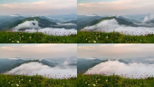 在阳光明媚的夏日早晨，云雾在绿色的群山中移动高清在线视频素材下载