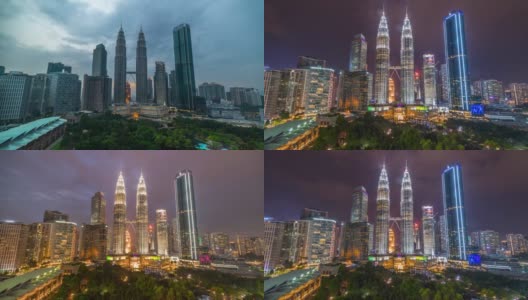 4K时间流逝日落场景的电影移动云和马来西亚吉隆坡市双子星塔高清在线视频素材下载