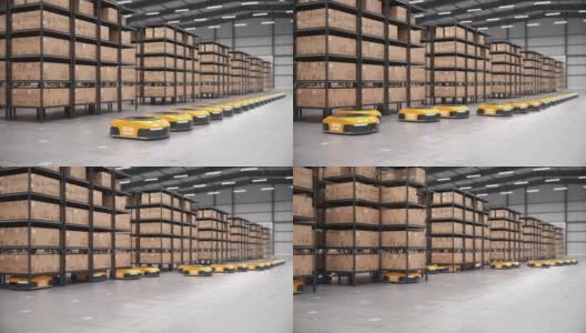 一排自主机器人开始移动自动化仓库中的货架或货架高清在线视频素材下载