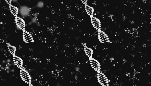 动画多分子和化学元素和DNA菌株漂浮在黑色背景高清在线视频素材下载