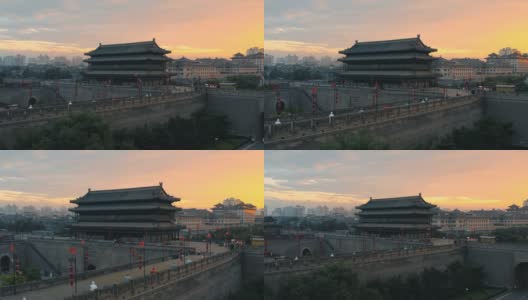 中国西安，日落时的古城墙鸟瞰图。高清在线视频素材下载