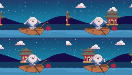 中秋动画与兔子在船和建筑高清在线视频素材下载