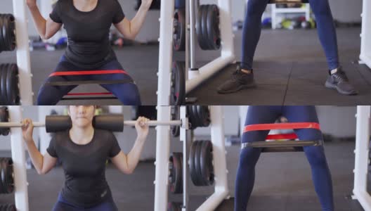亚洲妇女做下蹲使用阻力带在健身房锻炼腿日高清在线视频素材下载