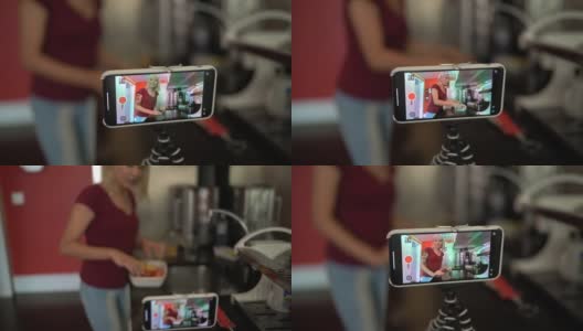 个人视角的数字网红制作视频使用三脚架在家烹饪高清在线视频素材下载