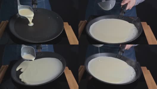 俄国煎饼是在平底锅里煎的。为狂欢节制作薄煎饼的过程。高质量4k镜头高清在线视频素材下载