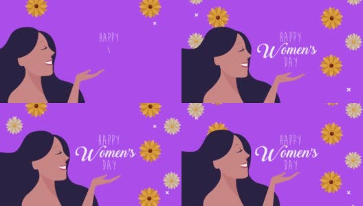 妇女节快乐卡片与女孩的幸福和鲜花高清在线视频素材下载