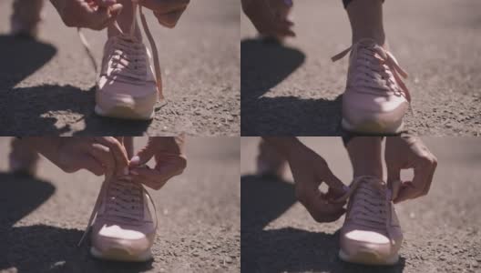 高级女性双手系鞋带，穿着粉色运动鞋离开。在阳光明媚的夏日户外慢跑跑步的白人退休人员的特写。慢动作高清在线视频素材下载