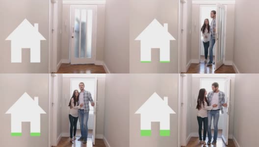 动画的房子图标充满绿色，越过幸福的夫妇到达新家高清在线视频素材下载