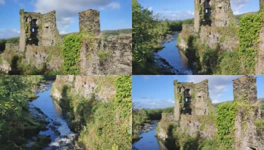 Carriganass -从河上的桥俯瞰城堡废墟高清在线视频素材下载