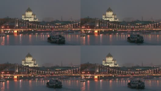 基督救主的圣殿和悬挂汽车克里米亚河上的桥在晚上。高清在线视频素材下载