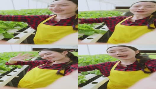 女性农场小企业主直播谈话观众追随者，亚洲女性走脱口秀新鲜蔬菜视频电话智能手机与兴奋的pov镜头高清在线视频素材下载