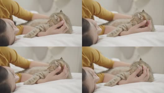 在家里的床上，一只可爱的猫在亚洲女性主人的怀里睡觉。高清在线视频素材下载