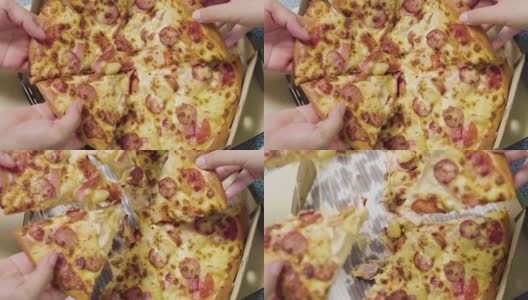 小猫偷吃披萨和朋友帮捡起并拉披萨高清在线视频素材下载