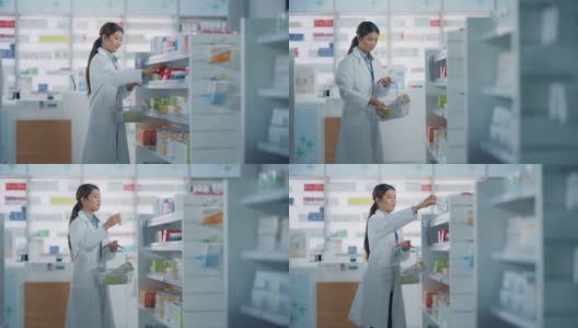 药店:美丽的亚洲药剂师做库存，安排药品包装，药品，维生素，保健产品在货架上。药店专业药剂师高清在线视频素材下载