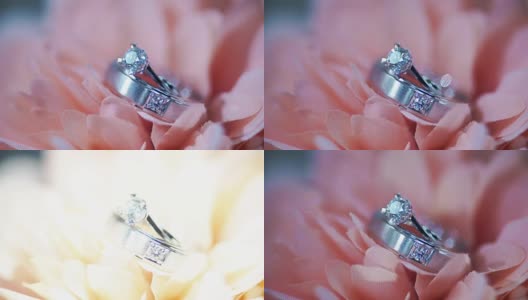 微距拍摄的结婚戒指在粉红色的花。婚礼的主题。高清在线视频素材下载
