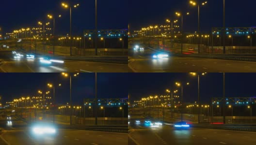公路交通车辆在夜间时间流逝。汽车行驶在道路上的桥晚上延时。高清在线视频素材下载