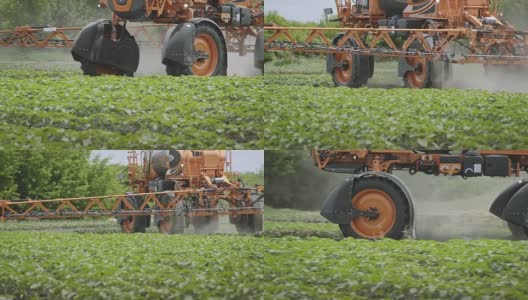 农业喷洒杀虫剂。农业耕作。肥料撒布机高清在线视频素材下载