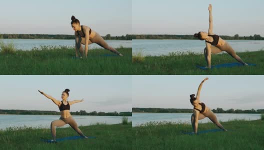 在安静的风景里做瑜伽的女人。瑜伽，运动和健康的生活方式概念高清在线视频素材下载