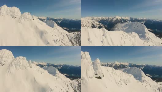 飞越锯齿状的雪山山峰北喀斯喀特山脉揭示巨大的山谷贝克湖令人兴奋的鼓舞人心的自然镜头高清在线视频素材下载