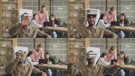 非裔美国人在游戏开发办公室测试VR模拟器。创业创意团队讨论未来虚拟现实技术项目高清在线视频素材下载