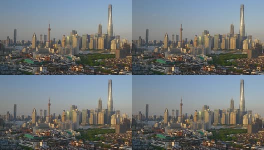 阳光明媚的一天上海城市景观市中心著名的海湾屋顶全景4k中国高清在线视频素材下载