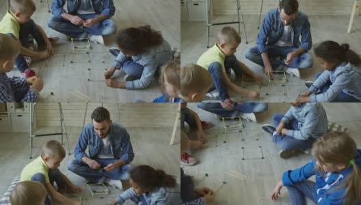 学前儿童与男老师一起制作木方高清在线视频素材下载