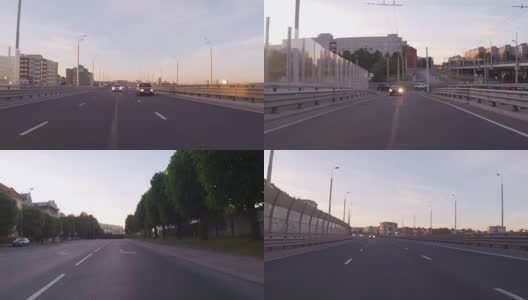 开着车穿过夜晚的城市。日落时，汽车在城市的高速公路上行驶。城市景观。时间流逝。加里宁格勒- 2017年7月俄罗斯。高清在线视频素材下载