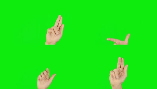滑动、旋转、捏缩、缩放手指手势。前视图手在绿色屏幕上。绿色屏幕上多点触控手势。有相同的后视图。虚拟屏幕手势。包含纯绿色而不是alpha。高清在线视频素材下载