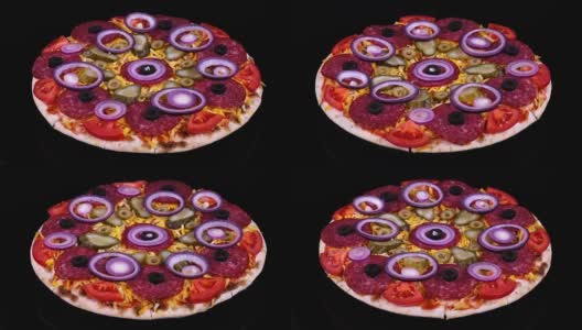 自制披萨配上泡菜和新鲜洋葱，在黑色背景下旋转高清在线视频素材下载