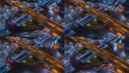 4K时间流逝鸟瞰图道路环岛交叉口在城市夜间与车辆车灯运动。高清在线视频素材下载