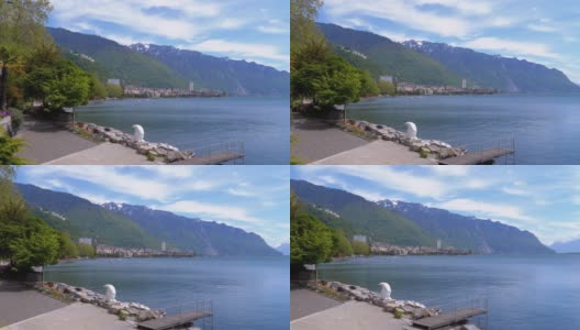 风景的蒙特勒堤岸与日内瓦湖和瑞士阿尔卑斯山高清在线视频素材下载